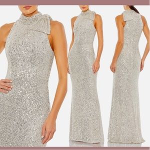 NEW $398 IEENA Mac Duggal [ 0 ] Sequin Bow Halter Neck‎ Column Gown Silver